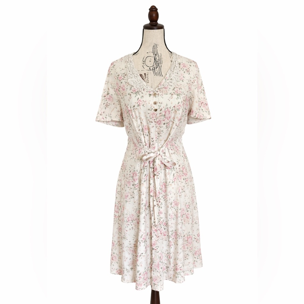 Vintage Paris Sport Club Floral Lace Trim Dress Pink Roses Tie Waist Cottagecore